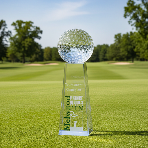 Custom Logo Engraved Sport Ball Crystal Golf Award with rotating crystal golf ball for golf tournament awards.
