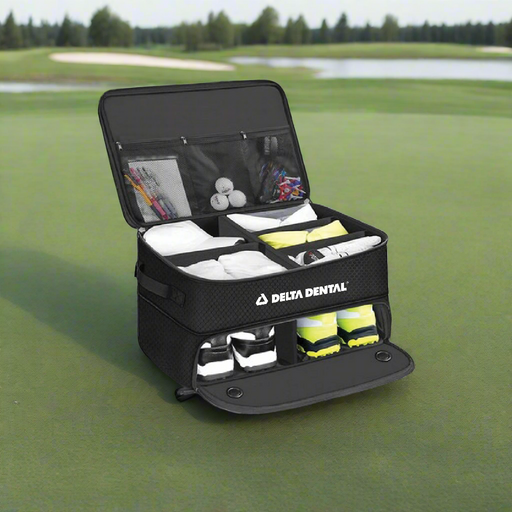 Custom Logo Fold Away Golf Trunk Organizer with ventilated shoe compartment for golf tournament gifts.