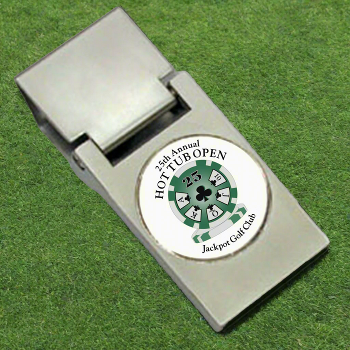 Custom Logo FoldMate Ball Marker Holder with removable magnetic ball marker for golf tournament giveaways.