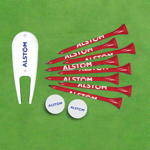 Custom Logo Golf Gift Pack with 8 tees, 2 ball markers, and divot tool for golf tournaments and corporate giveaways.