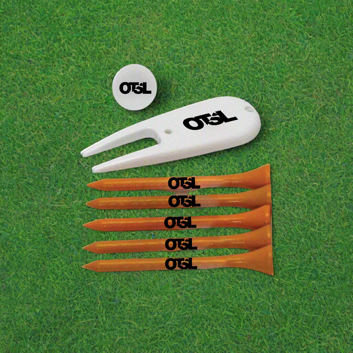 Custom Logo Golf Tee Pack with five tees, ball marker, and divot tool for golf tournament giveaways and corporate events.
