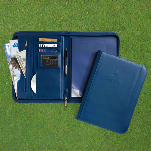 Custom Logo simulated leather zipper padfolio organizer for golf tournaments, meetings, and corporate giveaways.