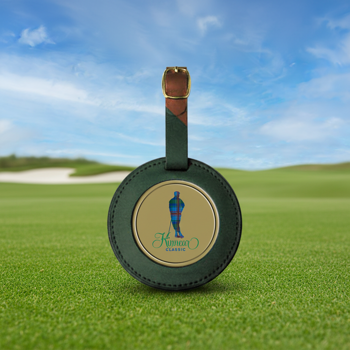 Custom Logo Leatherette Golf Bag Tag with antique brass medallion for golf tournament gifts and club member recognition.
