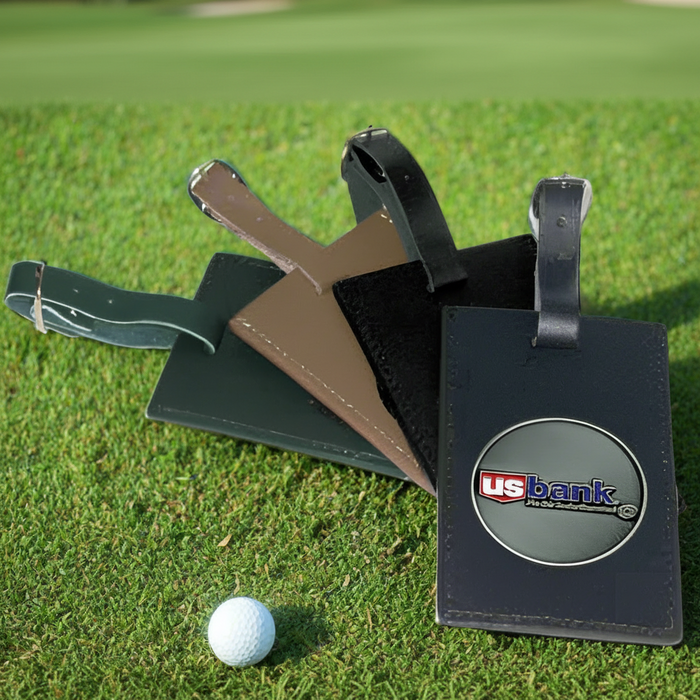 Custom Logo Leatherette Luggage Tag with Club Lorente Medallion and leather strap for golf tournament gifts and travel.