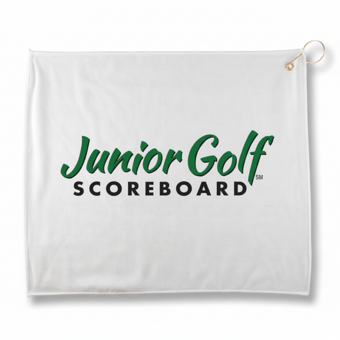Personalized performance golf towel for corporate outings and sponsor gifts
