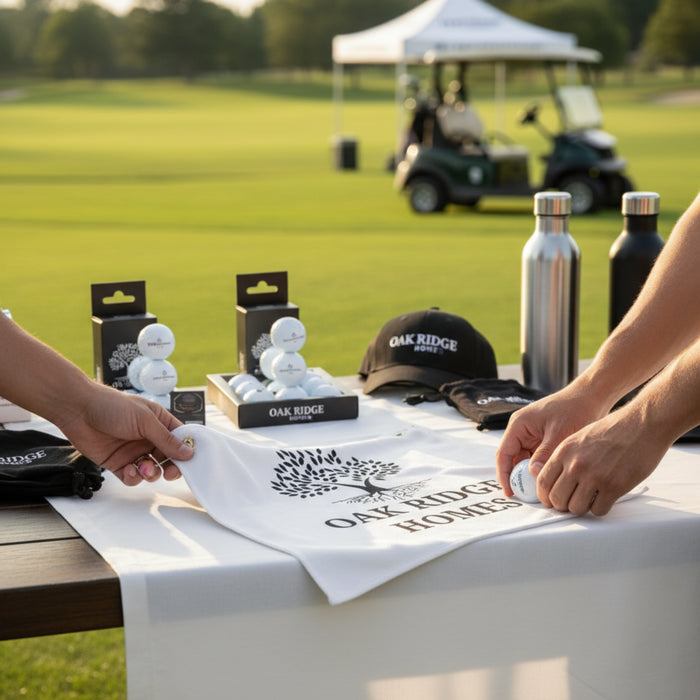 Custom branded golf towel for tournament merchandise and promotional events