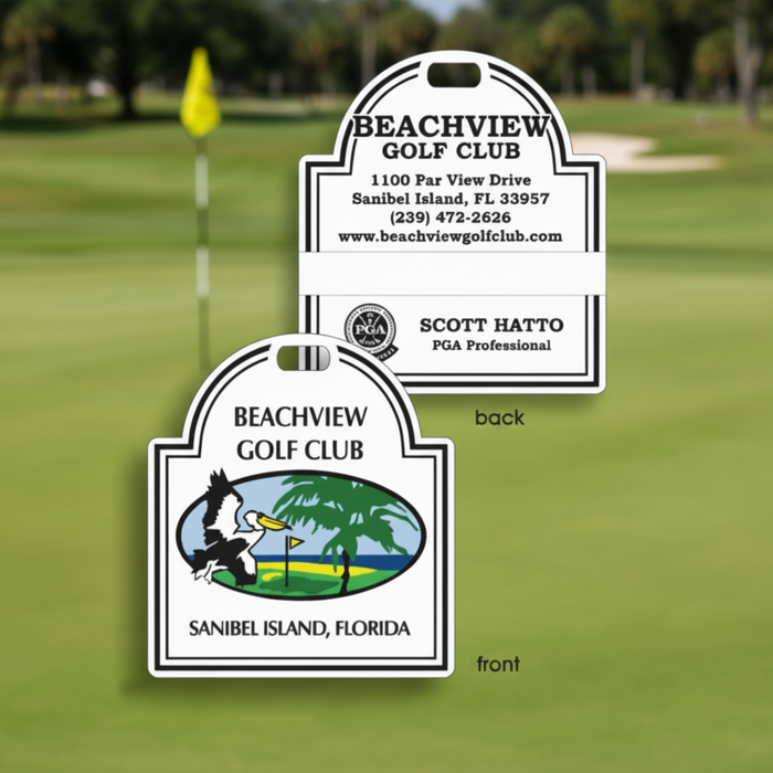 Custom Logo Plastic Club Bag Tag with optional personalization for golf tournaments and club events.