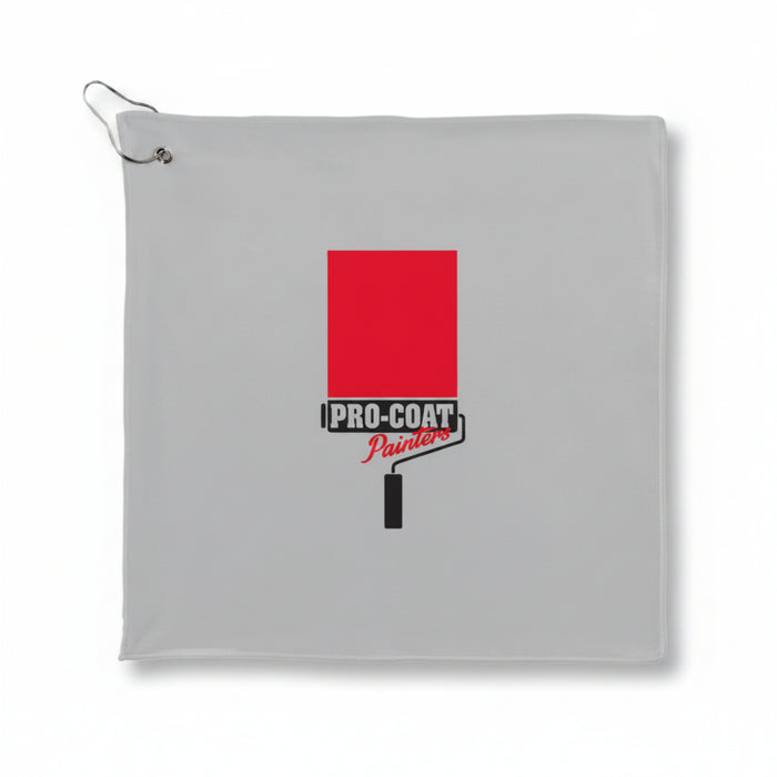 Close-up of recycled 200g microfiber golf towel with custom logo imprint