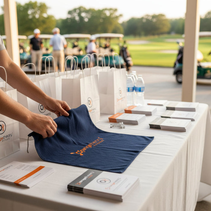 Personalized recycled microfiber golf towel for corporate golf events and sponsor gifts