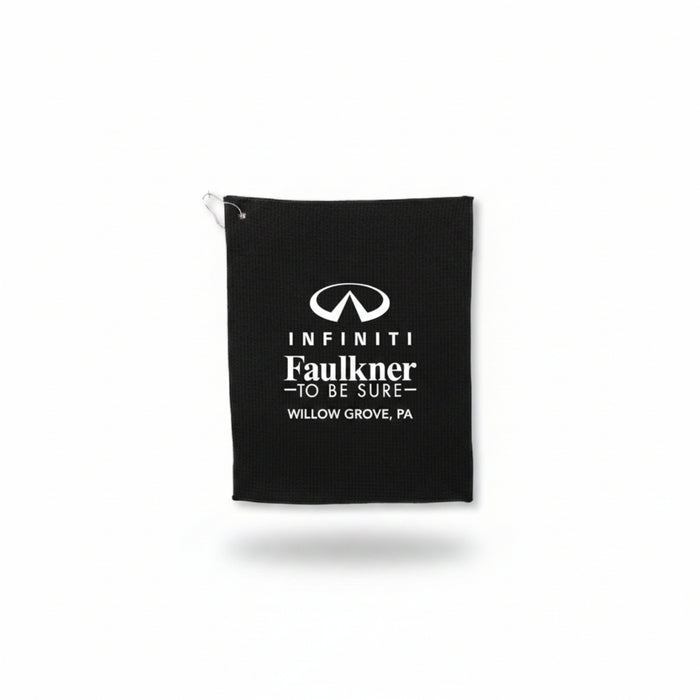 Close-up of recycled 200g microfiber waffle golf towel with custom logo
