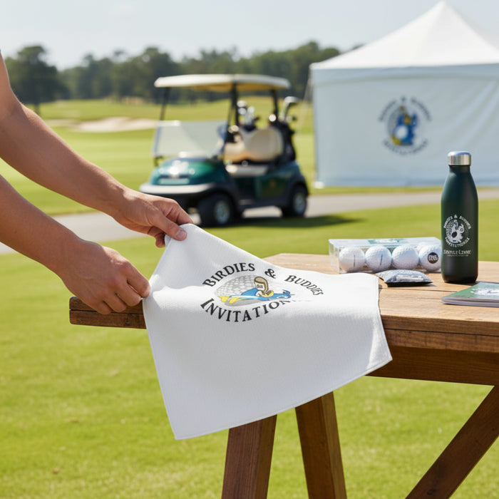 Personalized recycled waffle golf towel for corporate golf events and sponsor gifts