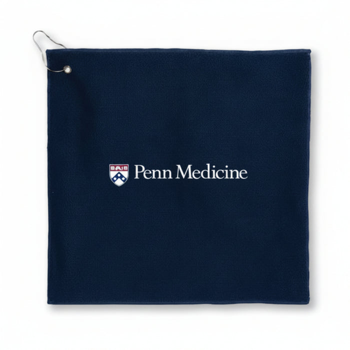 Close-up view of recycled terry polyester golf towel with custom logo imprint