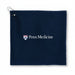 Close-up view of recycled terry polyester golf towel with custom logo imprint