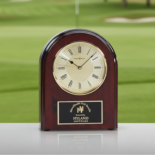 Custom Logo Rosewood Wall Clock with engraved logo for golf tournament awards and corporate recognition gifts.