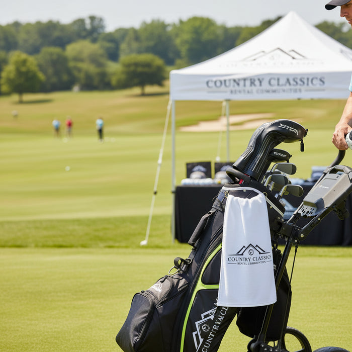Custom logo signature weave golf towel with company logo for corporate events