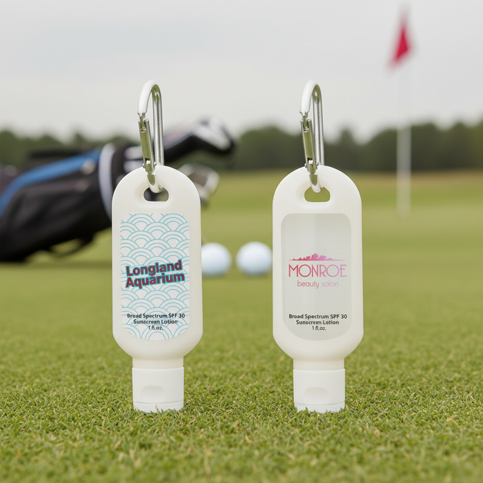 Custom Logo SPF 30 clip-on sunscreen with carabiner for golf tournament giveaways and outdoor events.