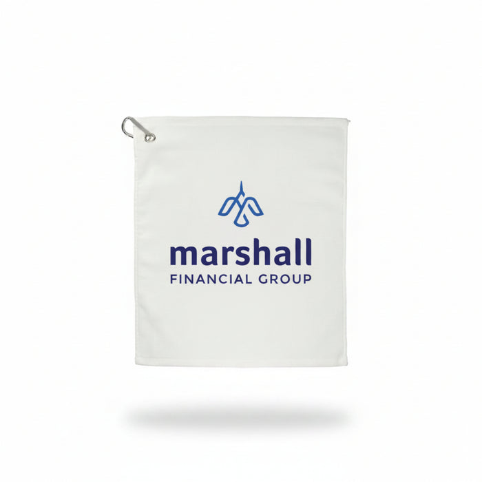 Close-up of custom logo terry golf towel for corporate golf events