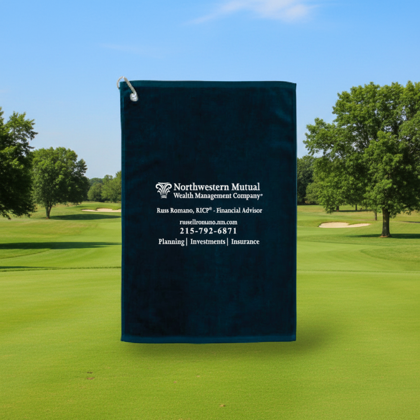 Custom Logo 16 x 25-inch terry golf towel for tournament giveaways and corporate golf events
