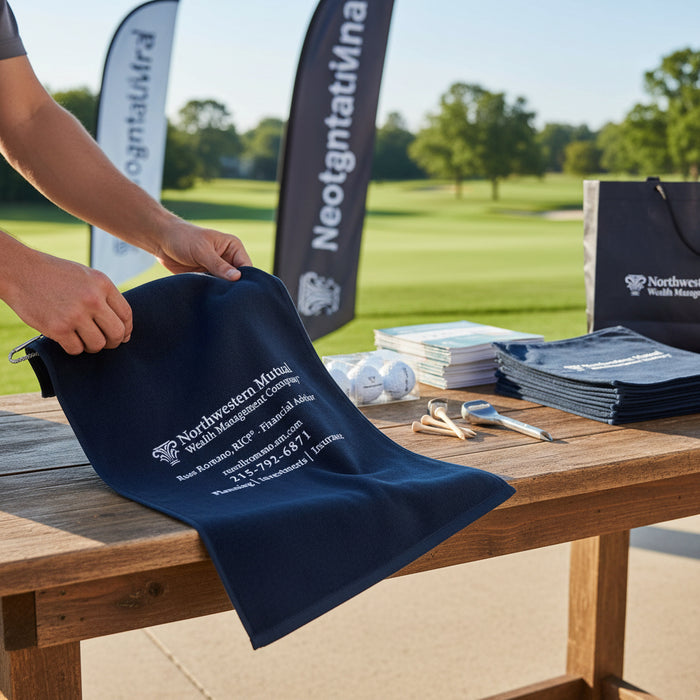 Custom Logo 16 x 25-inch terry golf towel for tournament giveaways and corporate golf events