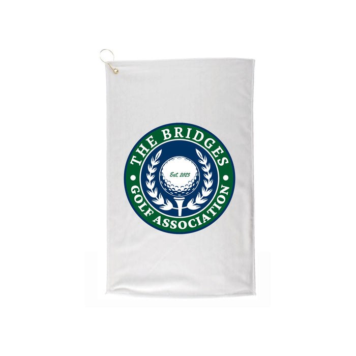 Close-up of waffle texture golf towel with custom logo imprint