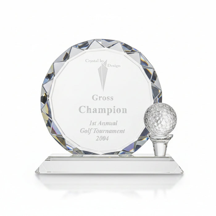 Custom Logo Carved Golf Trophy Round Crystal-Tournamentshowroom.com