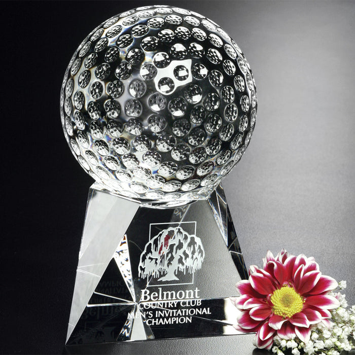 Custom Engraved Triangular Based Sport Ball Crystal Golf Award