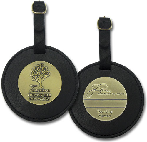 Custom Logo Round Leather 2 Sided Bag Tag with 2 Medallions