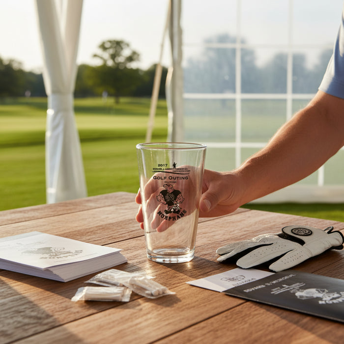 Custom logo craft beer glass featuring personalized branding for corporate golf outings