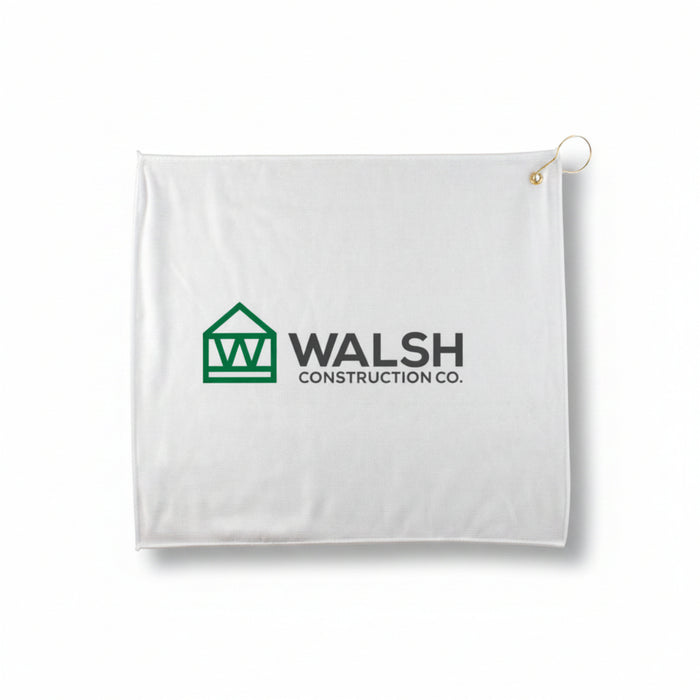Close-up of custom logo performance fabric golf towel for golf events